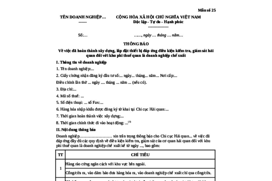 Mẫu số 25 phụ lục VII nghị định 18 về điều kiện giám sát hải quan