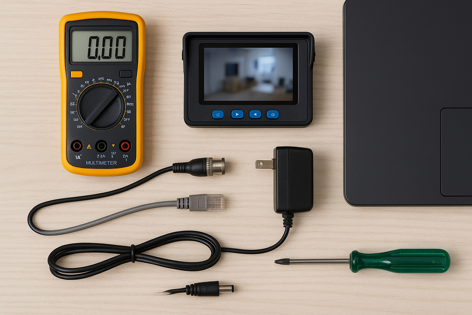 Hình ảnh chụp các dụng cụ cần thiết để test camera an ninh bao gồm đồng hồ vạn năng, máy test mini, dây cáp và nguồn.