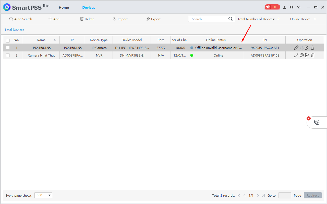 Trạng thái Offline(Invalid user name or password) trên phần mềm SmartPSS Lite