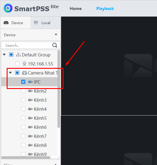 Lựa chọn thiết bị cần xem lại trong SmartPSS Lite