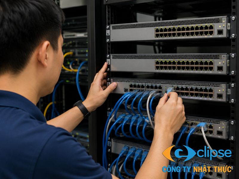 Kỹ thuật viên thực hiện thao tác kiểm tra tín hiệu đèn LED trên thiết bị chuyển mạch switch