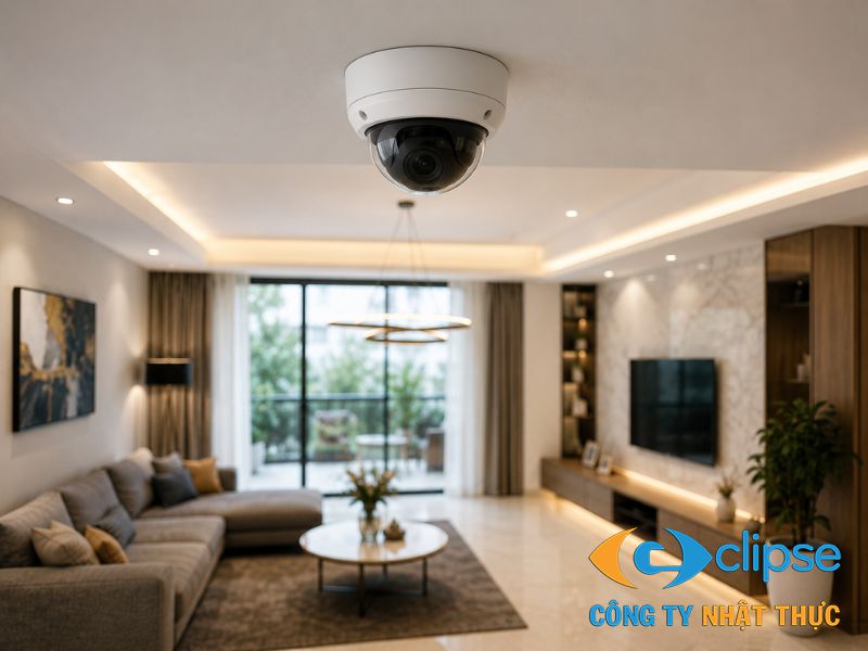 Mắt camera dome bán cầu được lắp đặt ốp trần thẩm mỹ tại không gian phòng khách