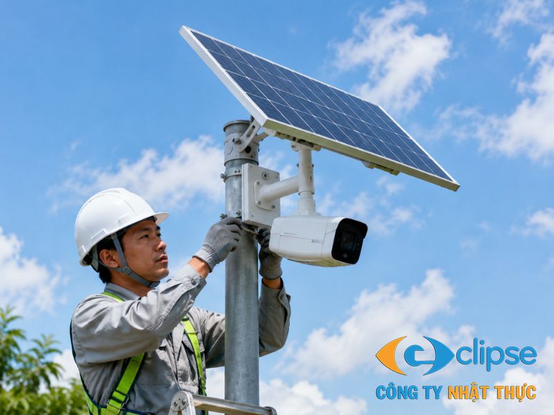 Kỹ sư Nhật Thực lắp đặt camera năng lượng mặt trời Dahua trên cột độc lập