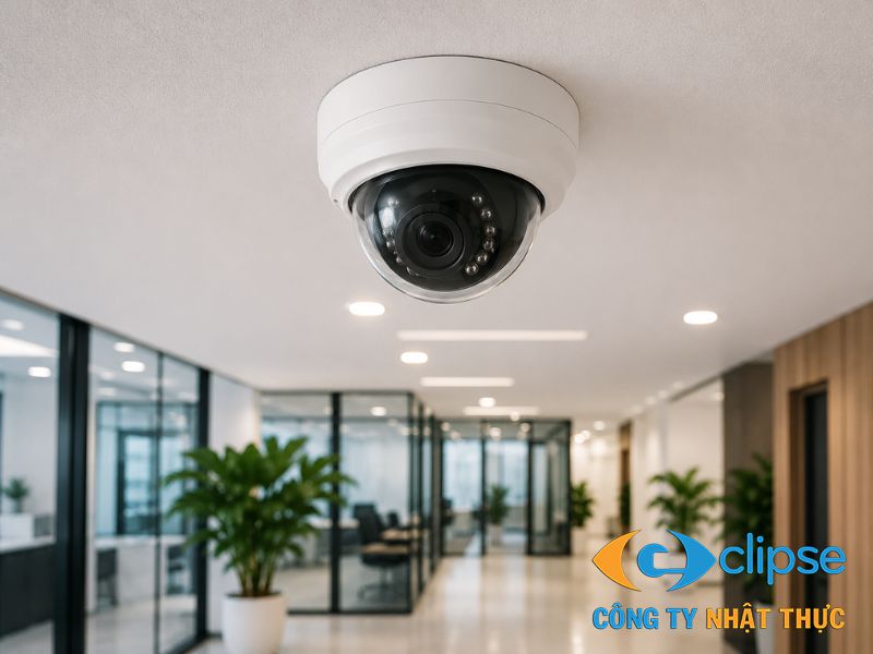 Mắt camera dome bán cầu được lắp đặt ốp trần thẩm mỹ tại không gian làm việc chung