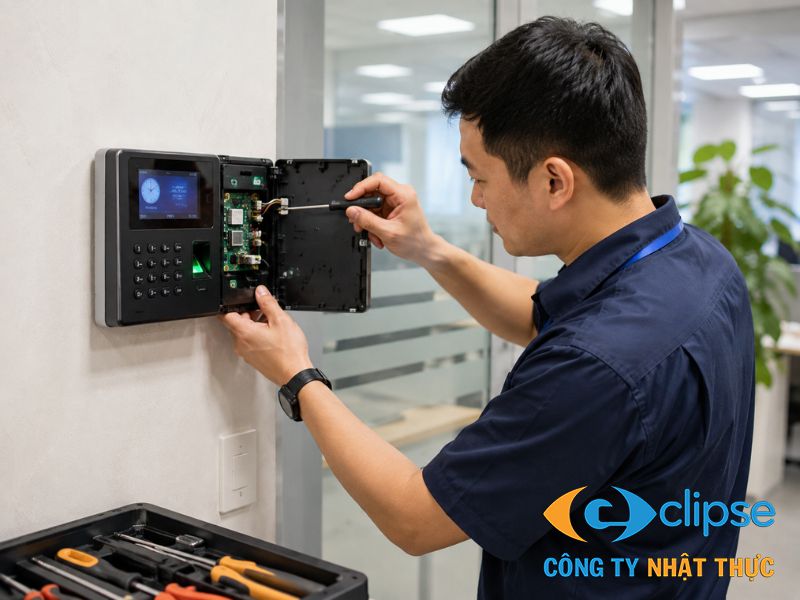 Kỹ thuật viên Nhật Thực đo kiểm độ nhạy của cảm biến chấm công.