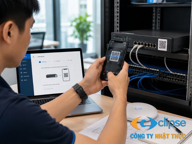 Kỹ thuật viên thực hiện quét mã QR để tích hợp thiết bị vào hệ thống
