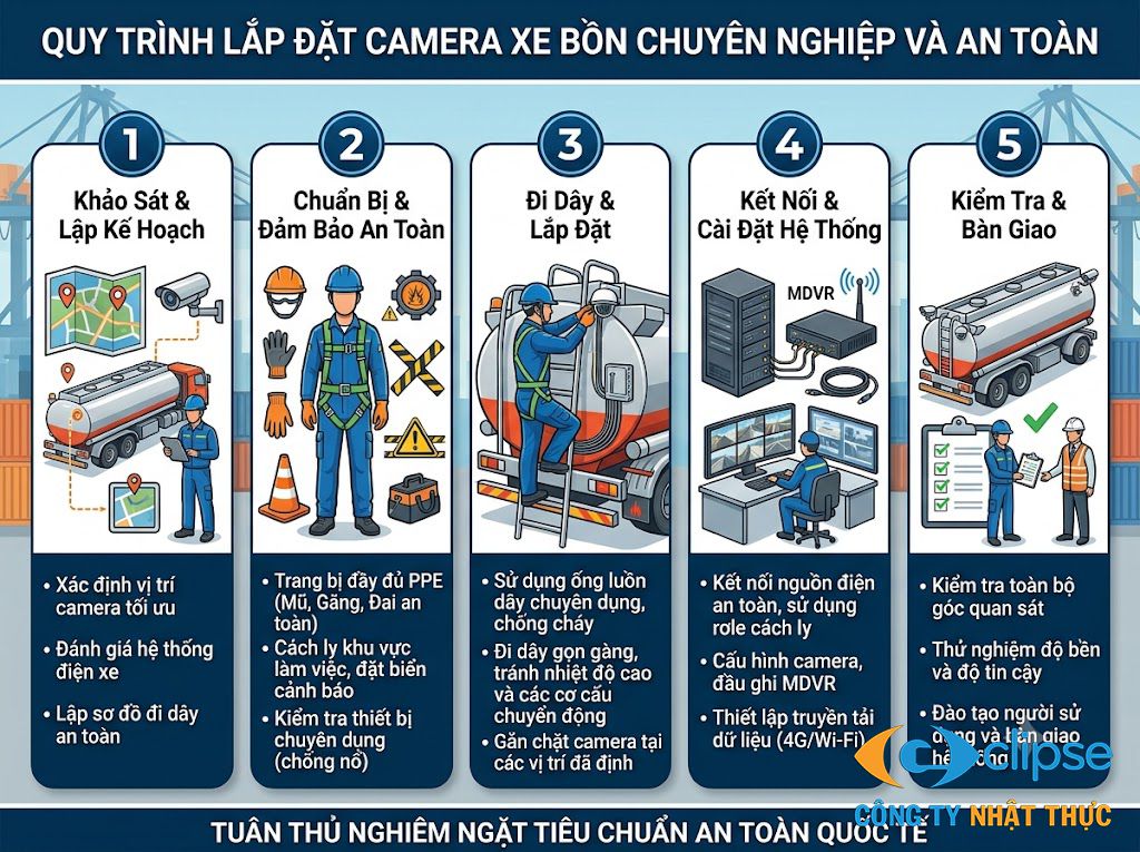 Quy trình lắp đặt camera xe bồn tuân thủ nghiêm ngặt tiêu chuẩn an toàn