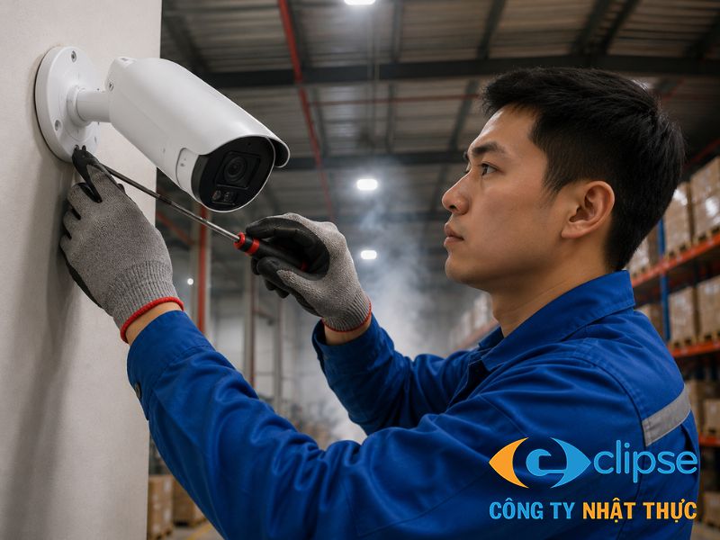 Thợ kỹ thuật thực hiện thao tác siết chặt đai ốc để định vị chân đế camera