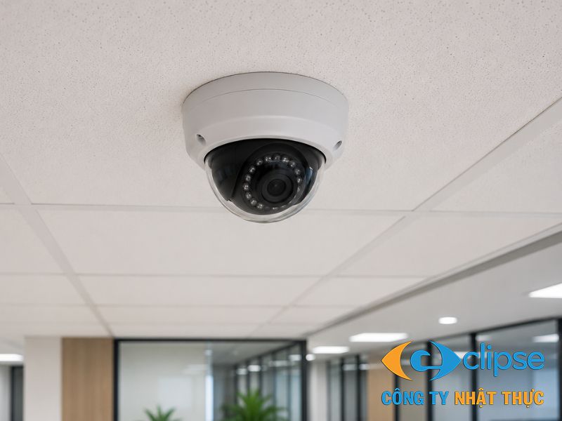 Hệ thống camera Dahua dome được gá lắp gọn gàng trên bề mặt trần thạch cao văn phòng.