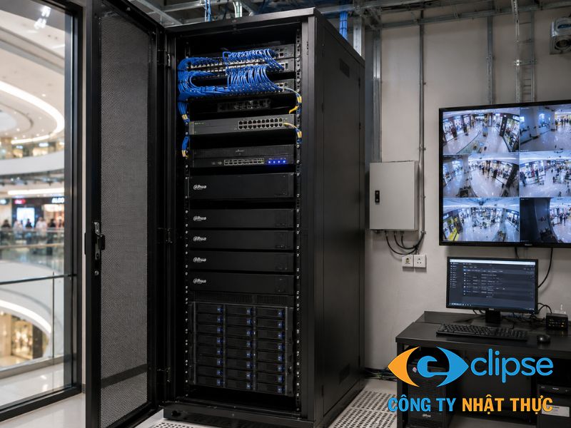Hệ thống tủ rack trung tâm bố trí các thiết bị đầu ghi và ổ cứng lưu trữ kiên cố