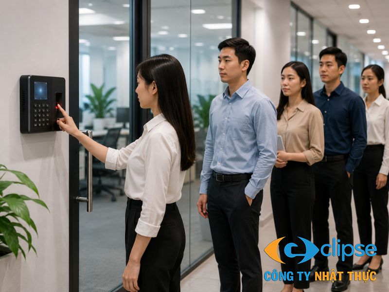 Mẫu máy chấm công vân tay được lắp đặt chắc chắn bên cạnh cửa ra vào