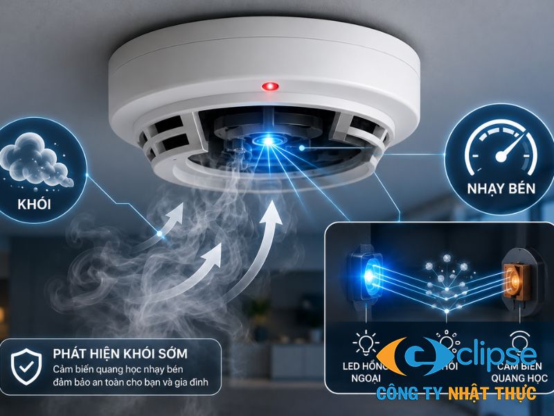Hệ thống cảm biến quang học nhạy bén giúp thiết bị nhận diện khói sớm.