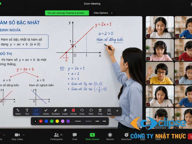 Thầy cô sử dụng bút vẽ chuyên dụng để tương tác trực tiếp trên giao diện bảng trắng ảo