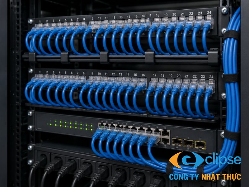 Hệ thống dây cáp mạng được bấm đầu và kết nối gọn gàng vào tủ rack trung tâm