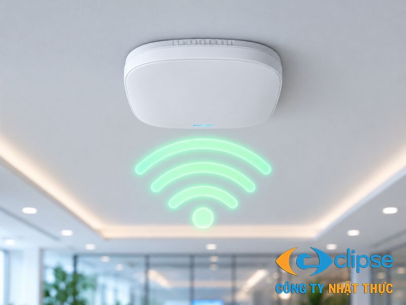 Bộ phát Access Point ốp trần phân bổ luồng sóng wifi đồng đều xuống không gian làm việc