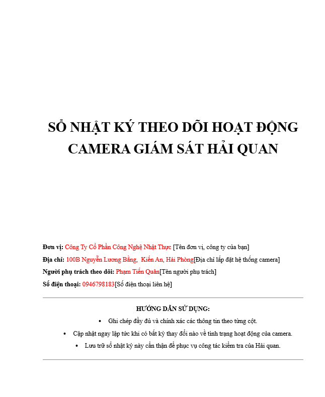 Sổ Nhật Ký Theo Dõi Hoạt Động Camera Giám Sát Hải Quan