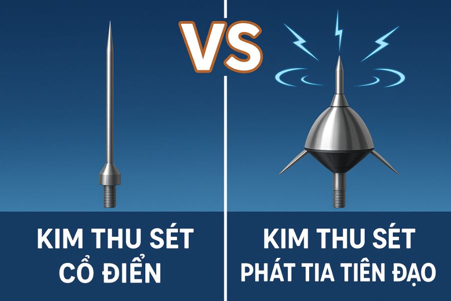 So sánh hình dáng kim thu sét ESE và kim thu sét cổ điển Franklin